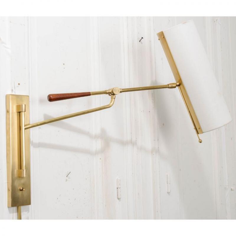 Reproduction Articulating Brass Wall Light With Linen Shade