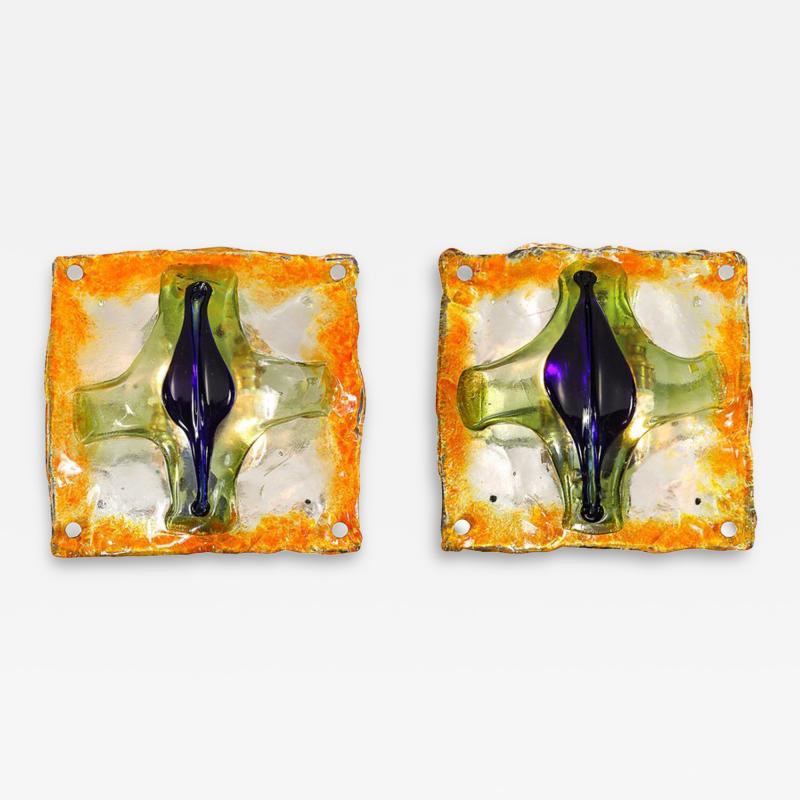  A V Mazzega Mid Century Hand Blown Amber Green Blue Murano Glass Sconces by Mazzega