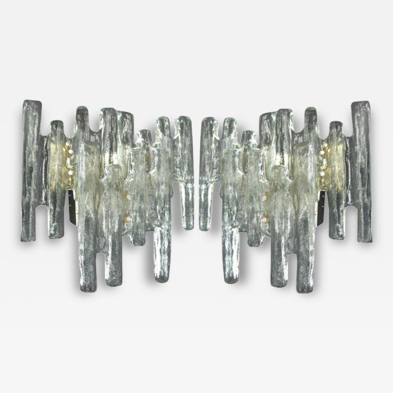  A V Mazzega Pair of Italian Mid Century Modern Murano Ice Glass Wall Sconces by Mazzega