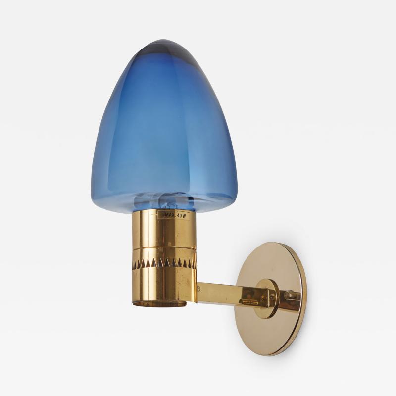  AB Markaryd 1960s Hans Agne Jakobsson Model V 220 Brass Blue Glass Sconce for Markaryd