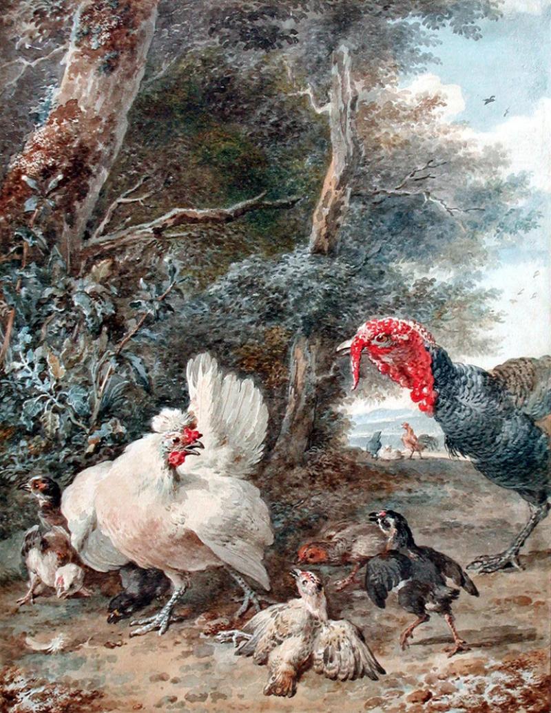  AERT SCHOUMAN AERT SCHOUMAN DUTCH 1710 1792 A TURKEY STARTLING CHICKENS