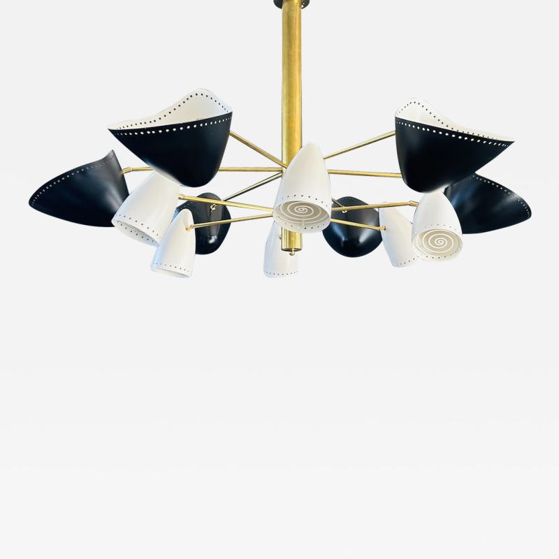  Adesso Studio Custom Mid Century Style Brass Black White Metal Perforated Shades Chandelier