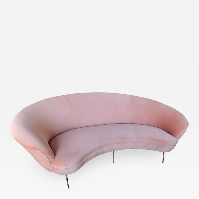  Adesso Studio Custom Mid Century Style Curved Pink Velvet Sofa with Brass Legs