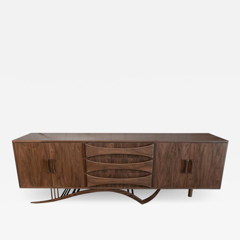  Adesso Studio Custom Mid Century Style Walnut Sideboard with Curved Leg and Three Drawers