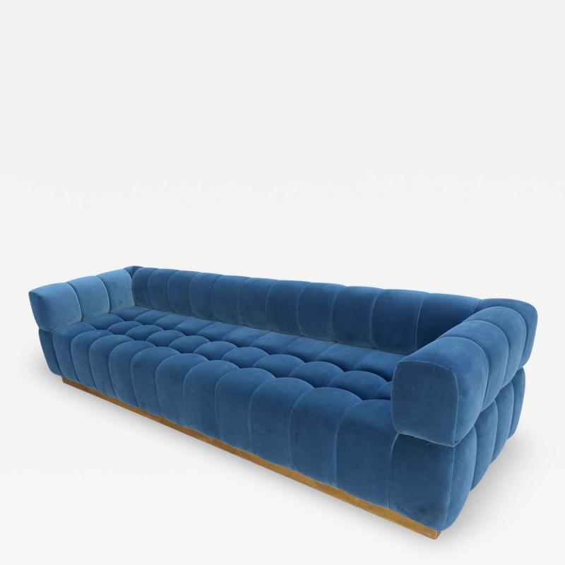  Adesso Studio Custom Oscar Tufted Blue Velvet Sofa with Brass Base