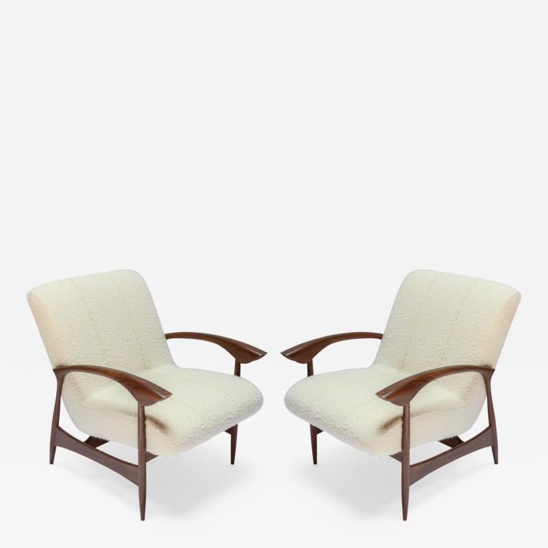  Adesso Studio Pair of Custom Walnut Armchairs in Ivory Boucle