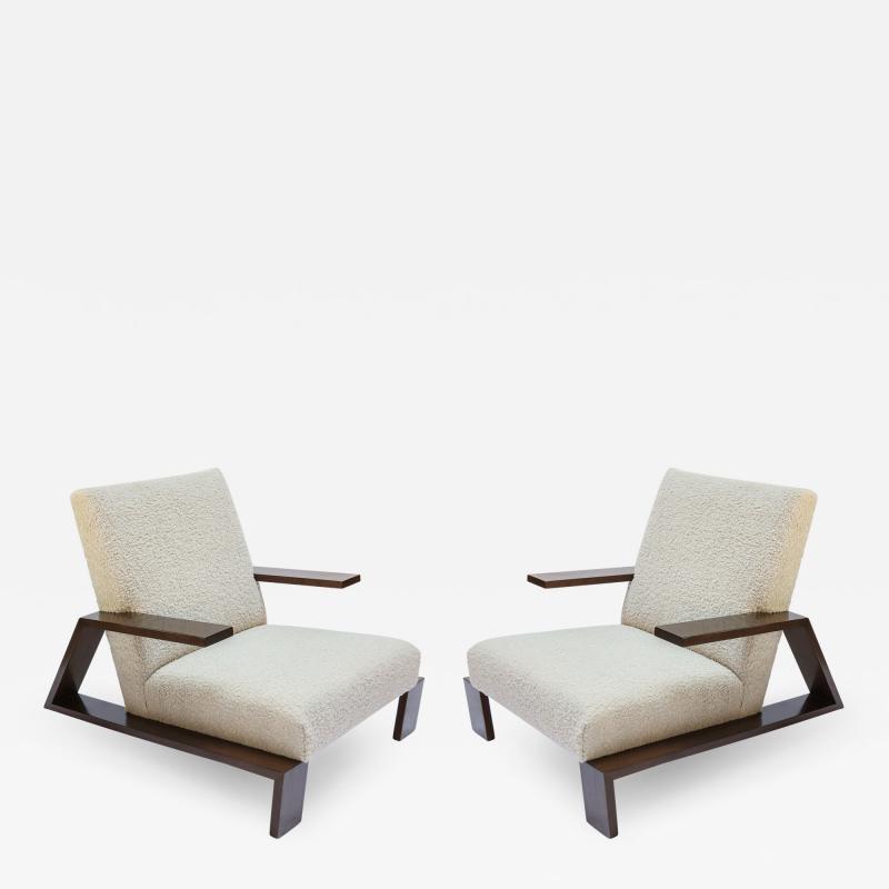  Adesso Studio Pair of Custom Walnut Midcentury Style Armchairs in Beige Boucle