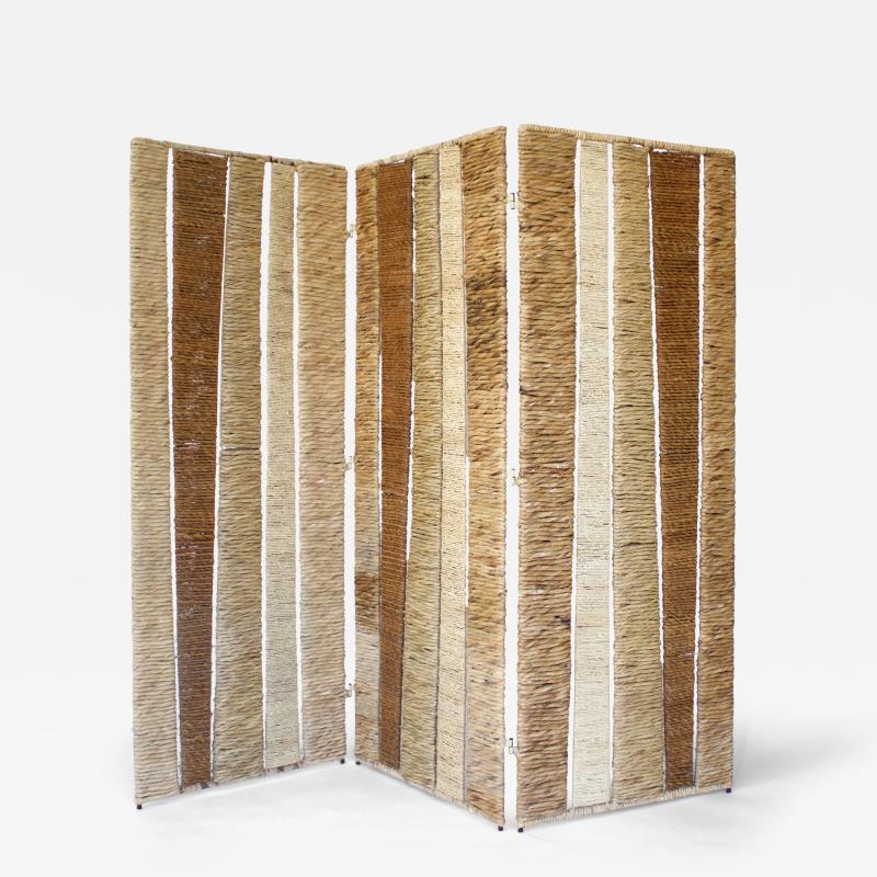  Adrien Audoux Frida Minet Audoux Minet Folding Room Screen Rattan Rafia Abaca Fiber France c1950
