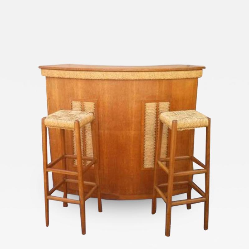  Adrien Audoux Frida Minet Audoux Minet Riviera Rarest Rush and Oak Bar with Two Bar Stools