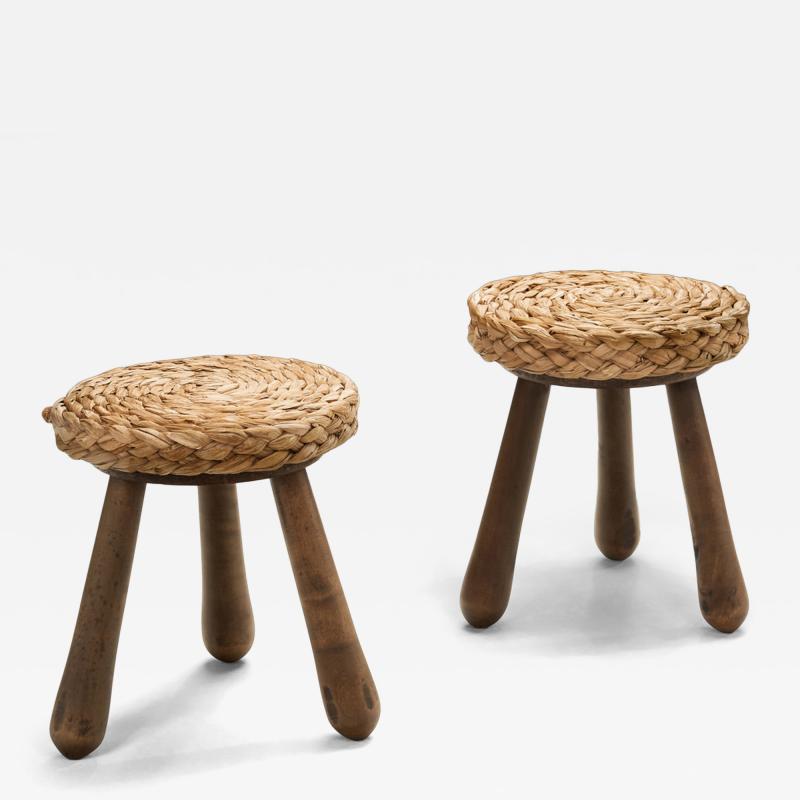  Adrien Audoux Frida Minet Pair of Wood and Wicker Stools in the manner of Audoux Minet Europe Mid 20th C
