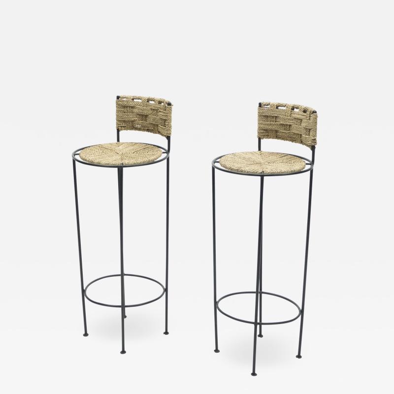  Adrien Audoux Frida Minet Pair of french bar stools rope and metal by Audoux Minet 1950s