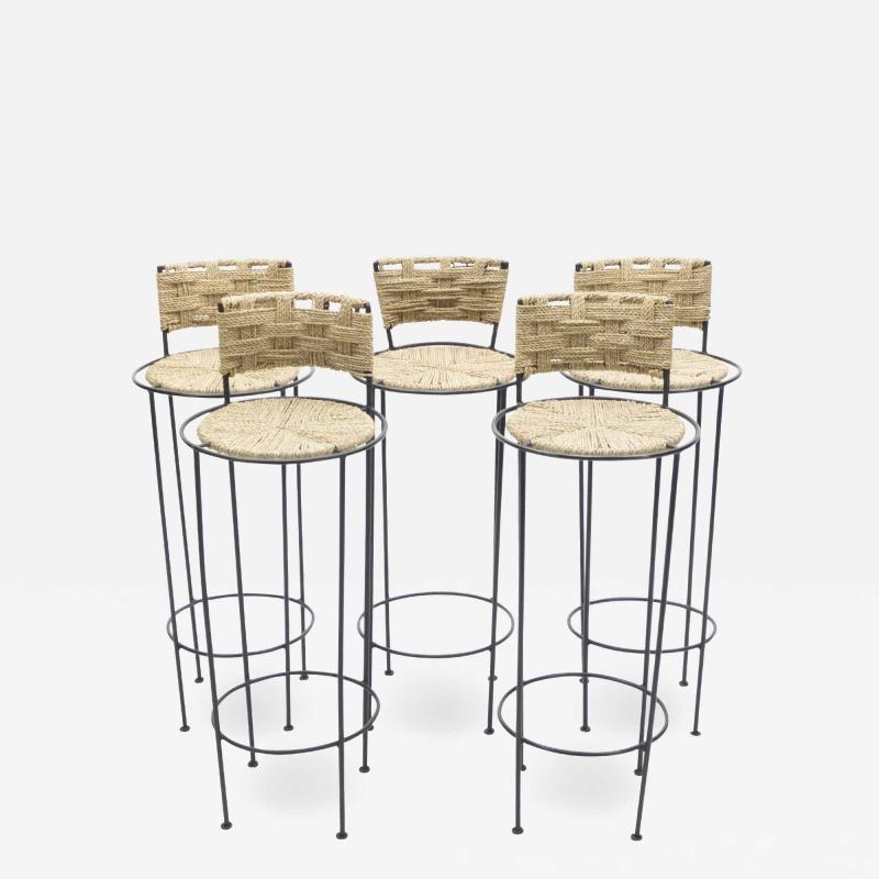  Adrien Audoux Frida Minet Set of 5 french bar stools rope and metal by Audoux Minet 1950s