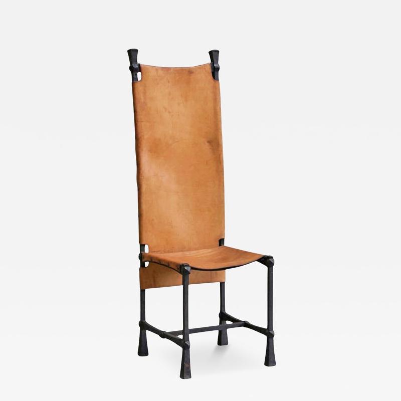  Alberto Diego Giacometti Brutalist High Back Chair in Wrought Iron and Patinated Cognac Leather 1960s