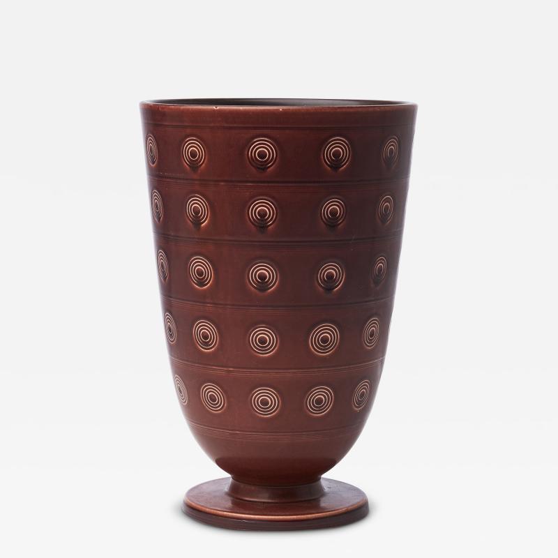  Aluminia Large Footed Vase with Circle Motifs in Deep Brown by Nils Thorsson