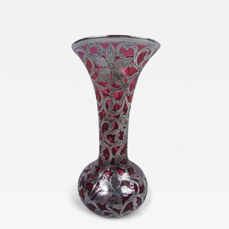  Alvin Corp Alvin Art Nouveau Red Silver Overlay Vase