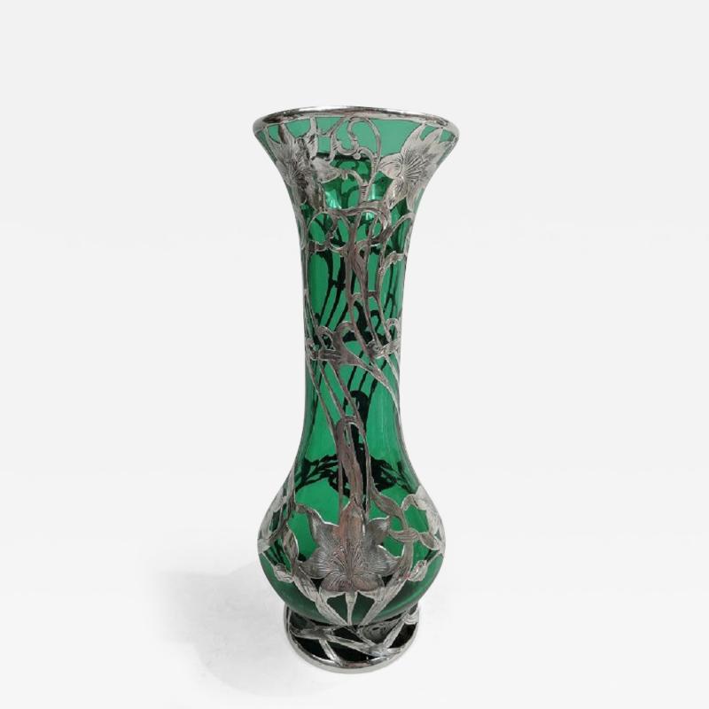  Alvin Johnson Co Tall Antique Art Nouveau Green Silver Overlay Vase by Alvin