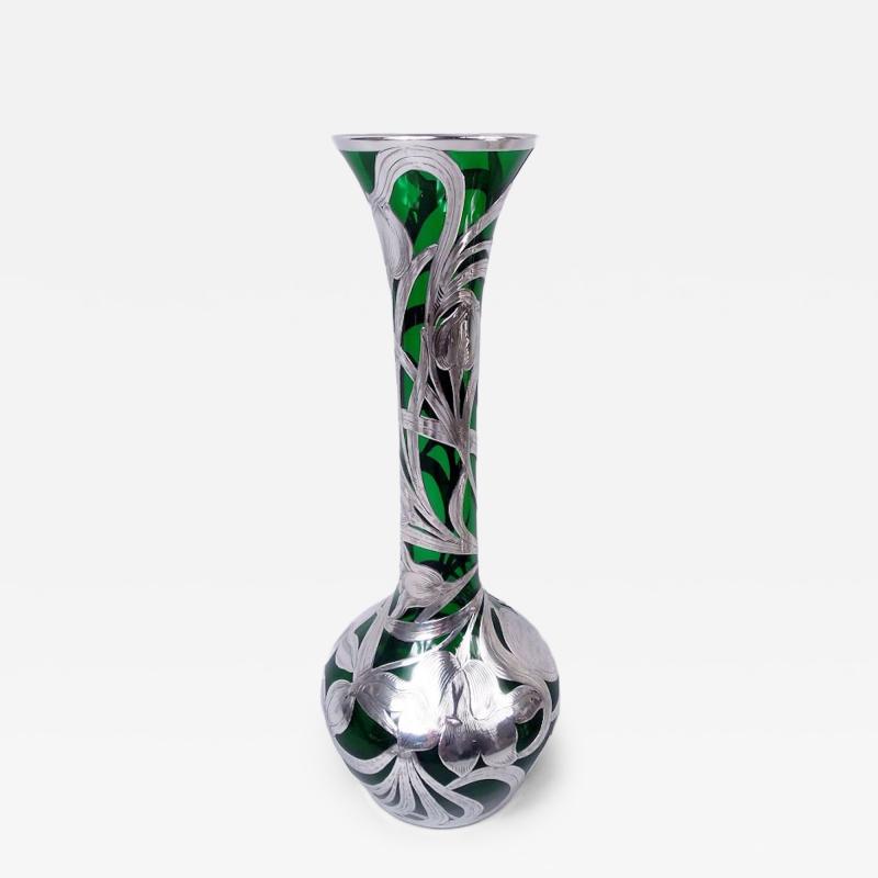  Alvin Tall Alvin Art Nouveau Green Silver Overlay 14 Inch Vase
