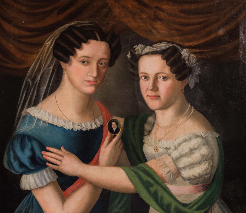  American School C 1825 An Exceptional Quality Portrait of Two Sisters 