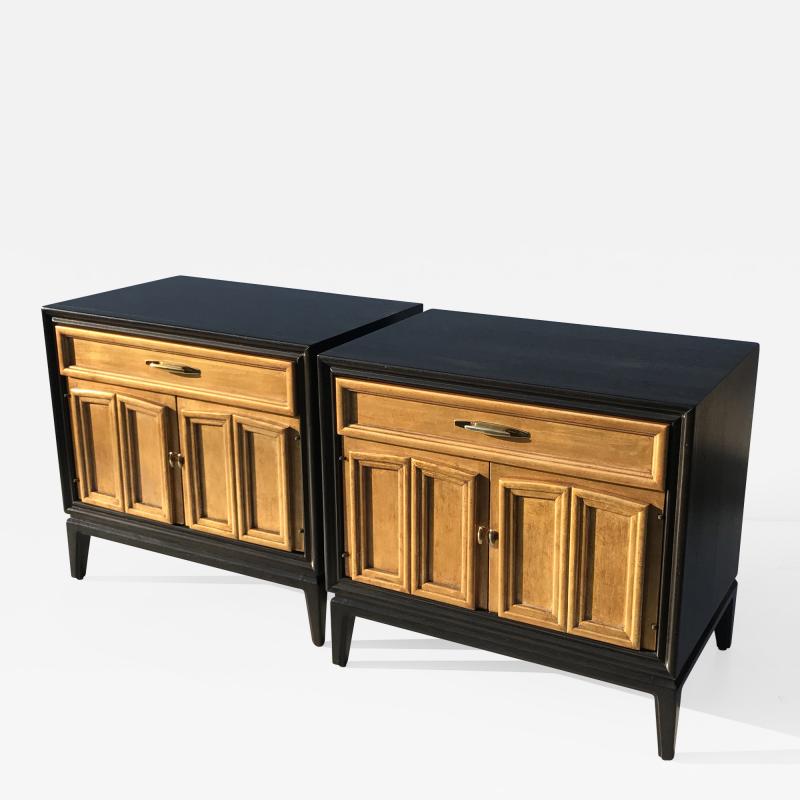  American of Martinsville Pair of Ebonized and Gold Leafed Hollywood Regency Nightstands