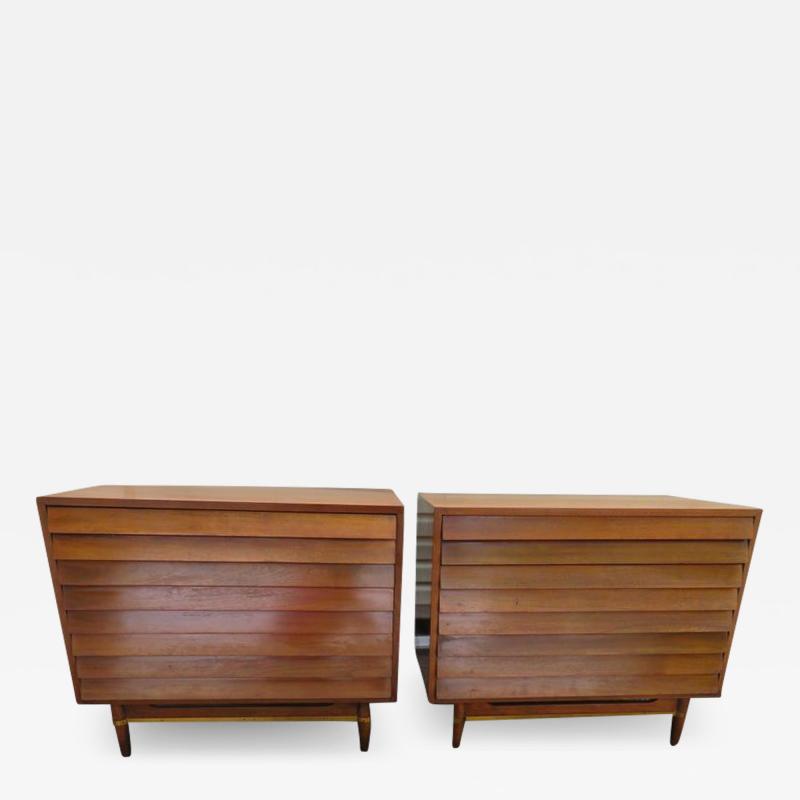  American of Martinsville Stunning Pair American of Martinsville Walnut Brass Louvered Bachelors Chests