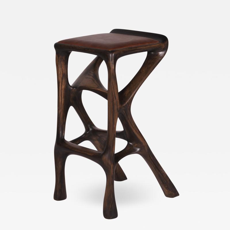  Amorph Modern Barstool Solid Wood with Leather and Stained Rusted Walnut