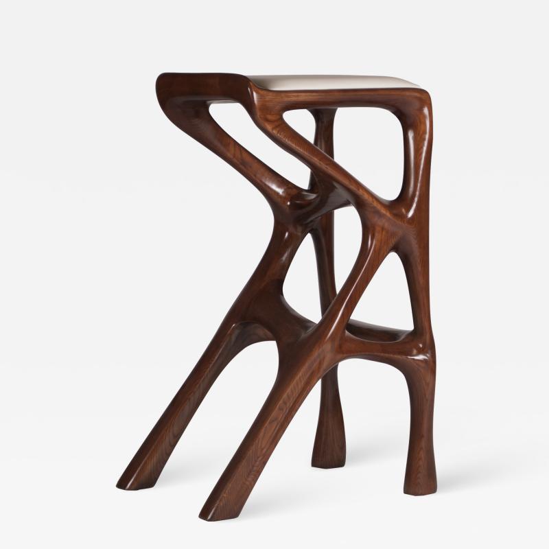  Amorph Modern Barstool Solid Wood with White Leather and Stained Walnut