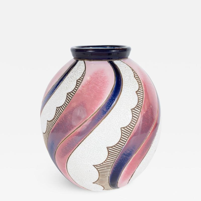  Amphora Ceramics Art Deco Czech Ceramic Vase in Spiralling Hues of Rose Quartz and Sapphire