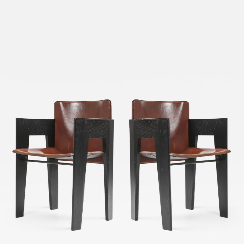  Arco Black Oak and Brown Leather Arco Chairs 1980s
