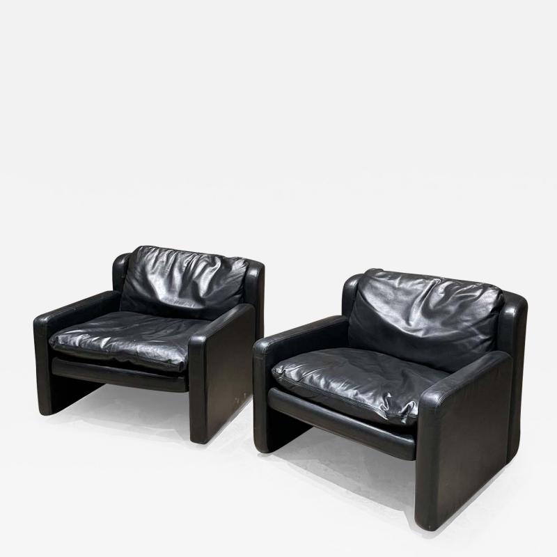  Arflex 1980s Italian Black Leather Club Lounge Chairs Low Profile by Arflex of Italy