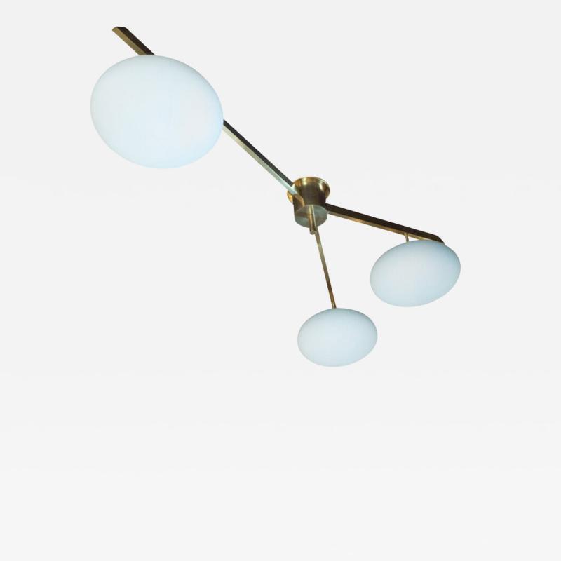  Arredoluce Brushed Brass and Frosted Glass Three Arm Globe Chandelier Manner of Arredoluce