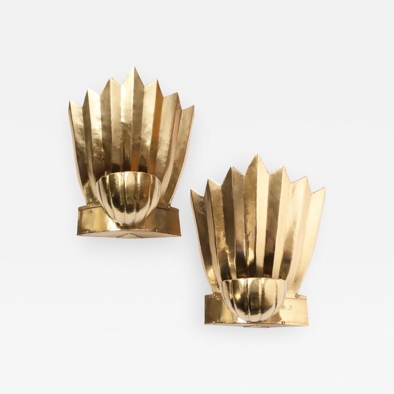  Arvika Konsthantverk SWEDISH ART DECO PLEATED BRASS SCONES BY LARS HOLMSTROM