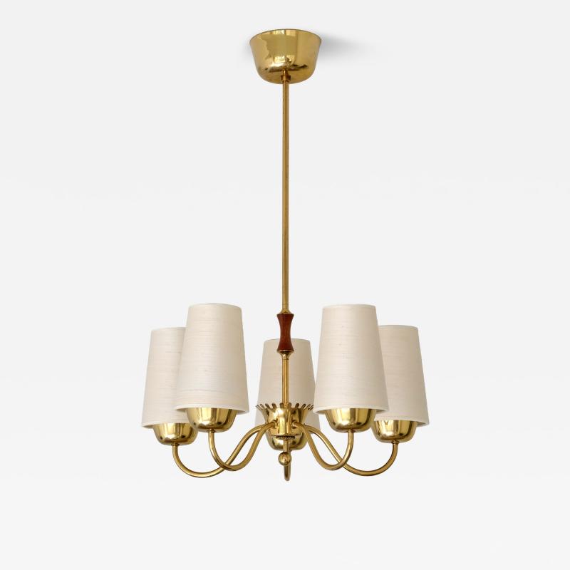  Asea ASEA Belysning Five Arm Brass Chandelier with Silk Shades Sweden 1950s