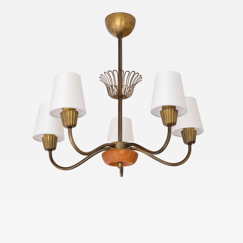  Asea Swedish Modern ASEA Five Arm Chandelier in Brass Oak and Silk Sweden 1950s