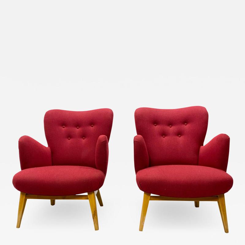  Asko 1950s Vintage Red Asko Lounge Chairs a Pair