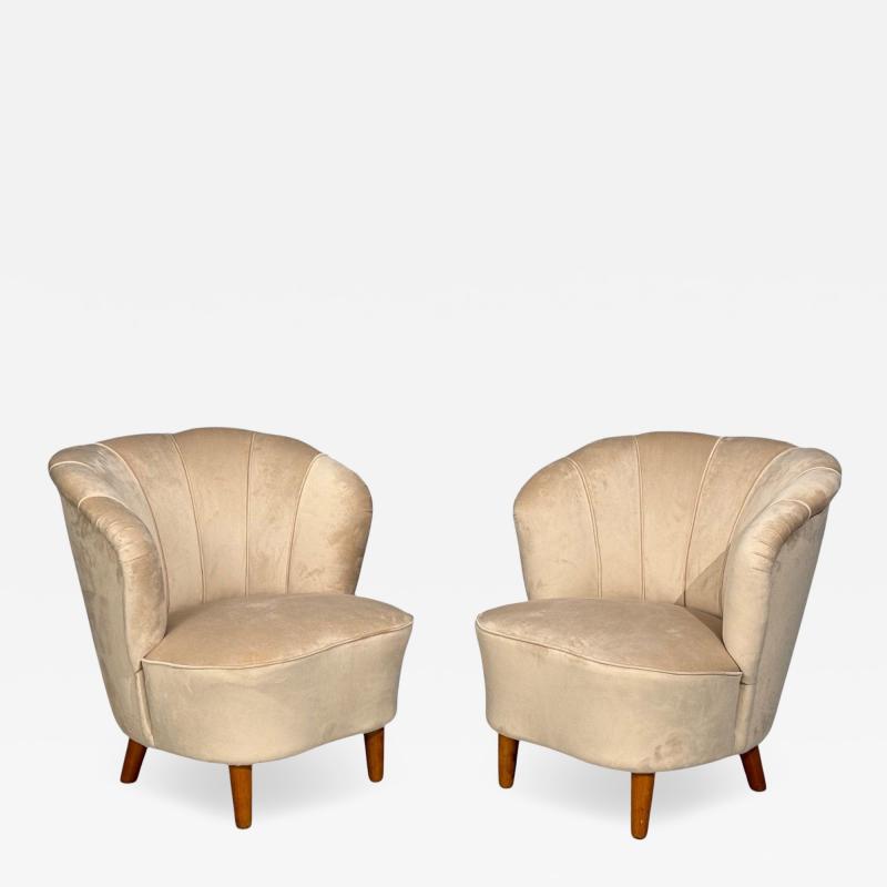  Asko Asko Finnish Modern Lounge Chairs Beige Velvet Beech Finland 1950s