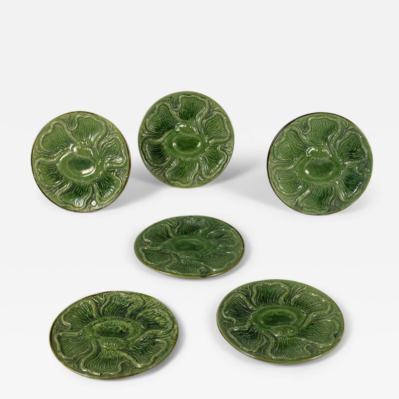  Atelier Cerenne of Vallauris Six French Green Majolica Oyster Plates in Octopus Pattern