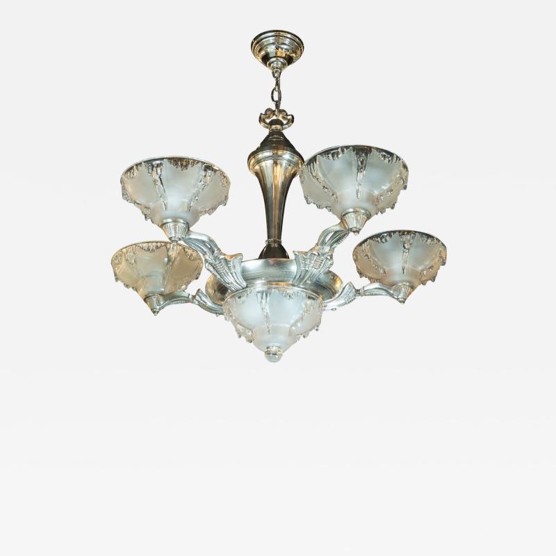  Atelier Petitot Ezan Glass Art Deco Frosted Glass Chandelier w Silvered Bronze Fittings by Ezan Petitot