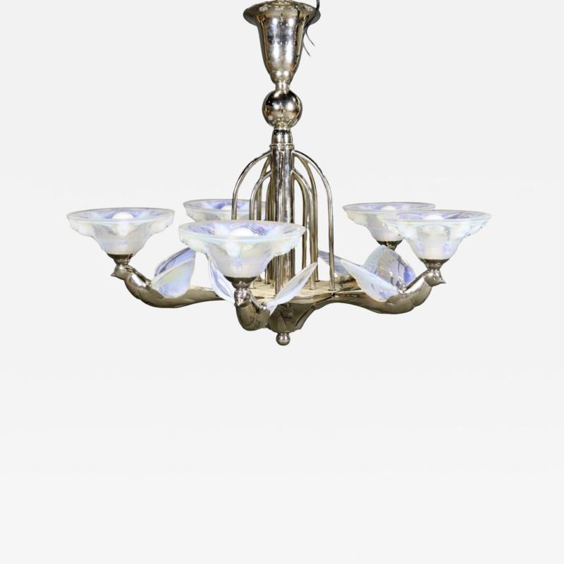  Atelier Petitot Ezan Glass FRENCH ART DECO GLASS NICKELED BRONZE BIRD CHANDELIER BY ATELIER PETITOT