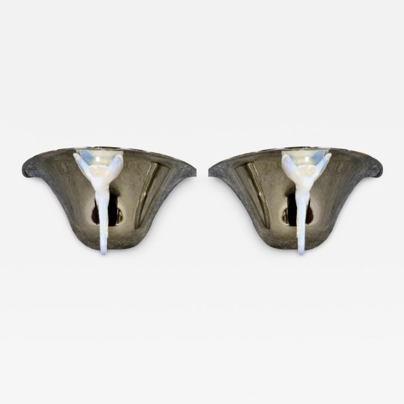  Atelier Petitot Ezan Glass FRENCH ART DECO OPALESCENT GLASS BIRD NICKEL BRONZE SCONCES