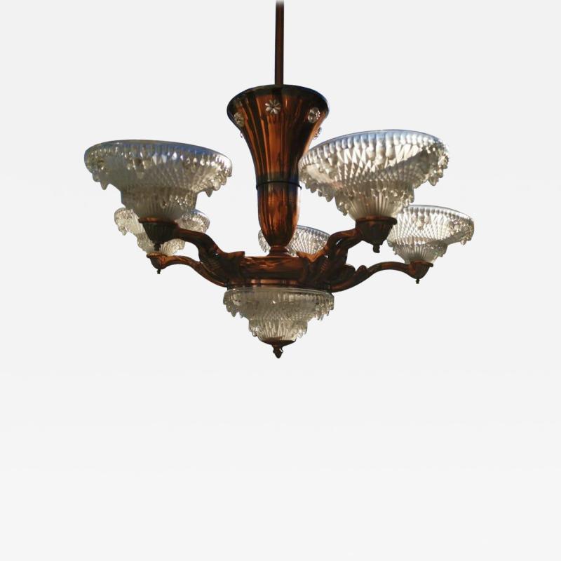  Atelier Petitot Ezan Glass French Art Deco Chandelier with the Original Opaque Moulded Icicle Glass Shades