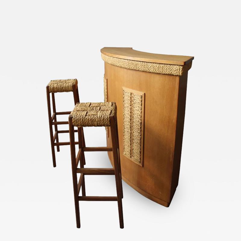  Audoux Minet Fine French 1950s Oak and Rope Bar and Two Stools by Audoux Minet