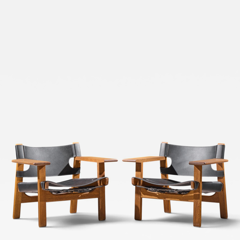  B rge Mogensen Borge Mogensen B rge Mogensen for Fredericia Mid Century Oak and Leather Spanish Chairs Pair