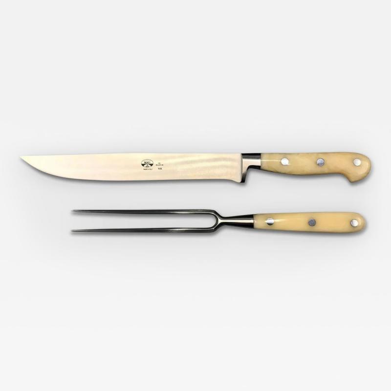  BERTI CARVING SET IN WHITE LUCITE HANDLES WITH WOOD BLOCK
