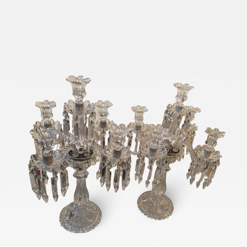  Baccarat 1950 Pair of Candlesticks 4 Branchs Beaded Bases and Signed in Relief Baccarat
