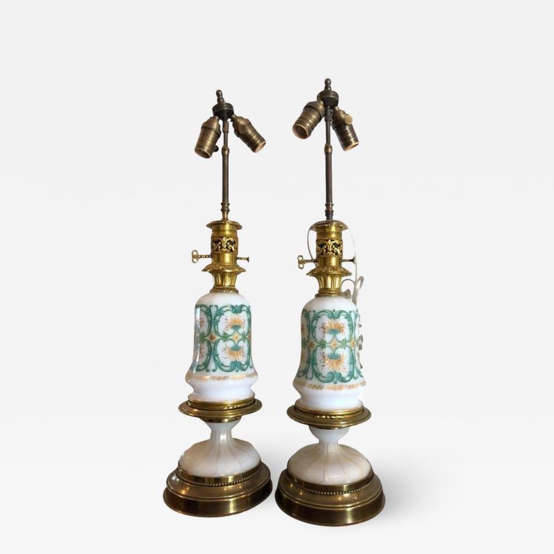  Baccarat Pair of Antique Baccarat French Opaline Glass Designer Table Lamps