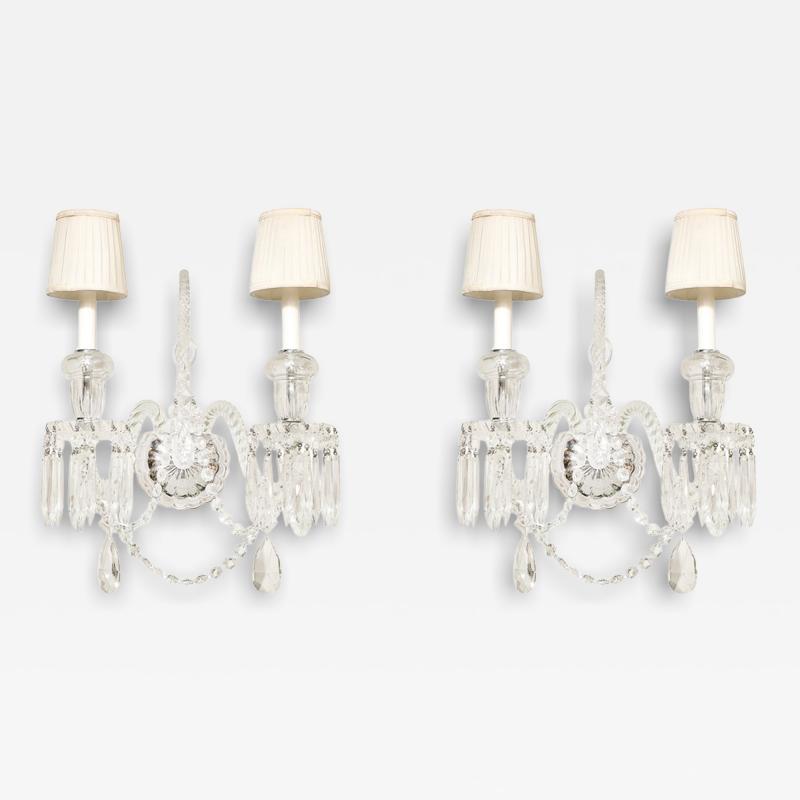  Baccarat Pair of Neoclassical Two Arm Crystal Sconces W White Shades Manner of Baccarat