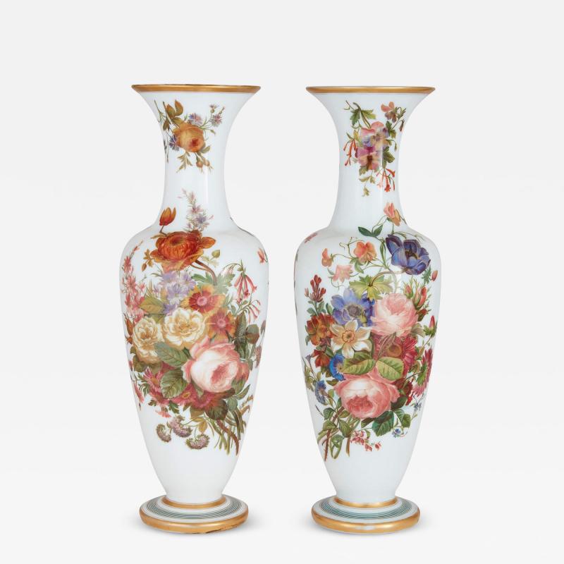  Baccarat Pair of floral opaline glass vases by Baccarat