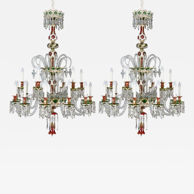  Baccarat Pair of large French antique overlay glass chandeliers by Baccarat