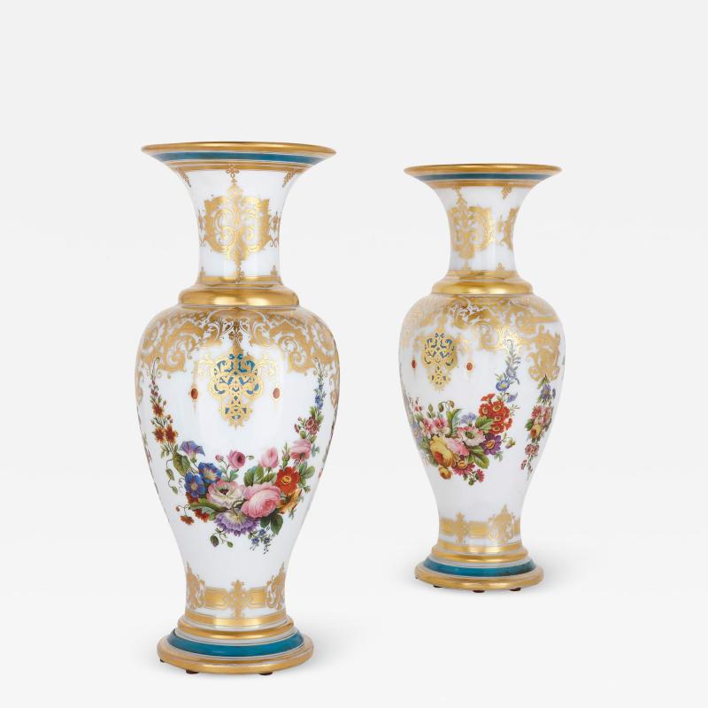  Baccarat Pair of painted and parcel gilt opaline glass vases by Baccarat