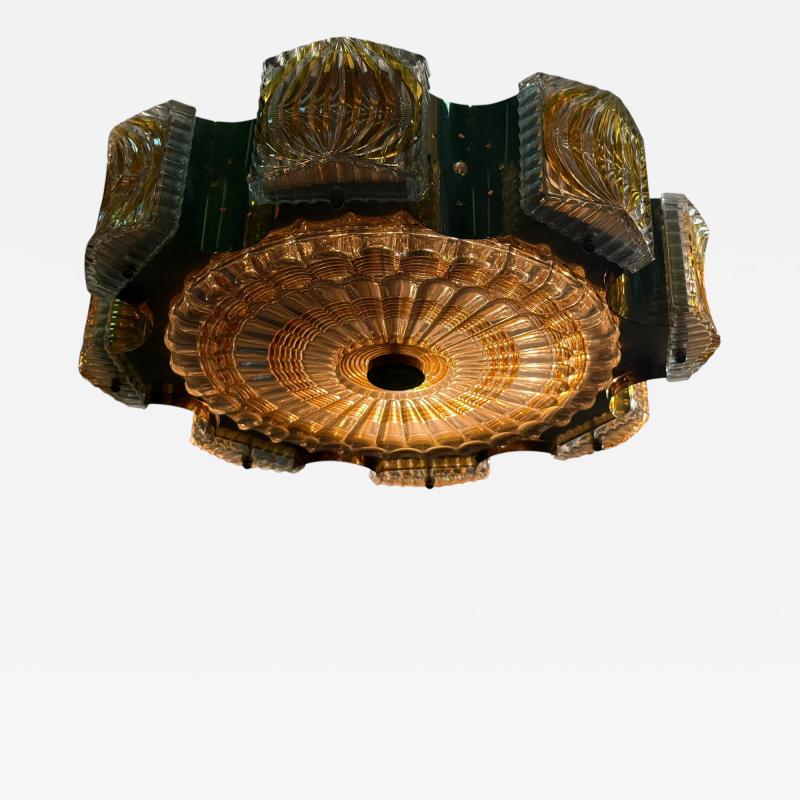  Bakalowits Sohne MODERNIST BRASS CAST CLEAR GOLD GLASS CHANDELIER WITH CRYSTALS